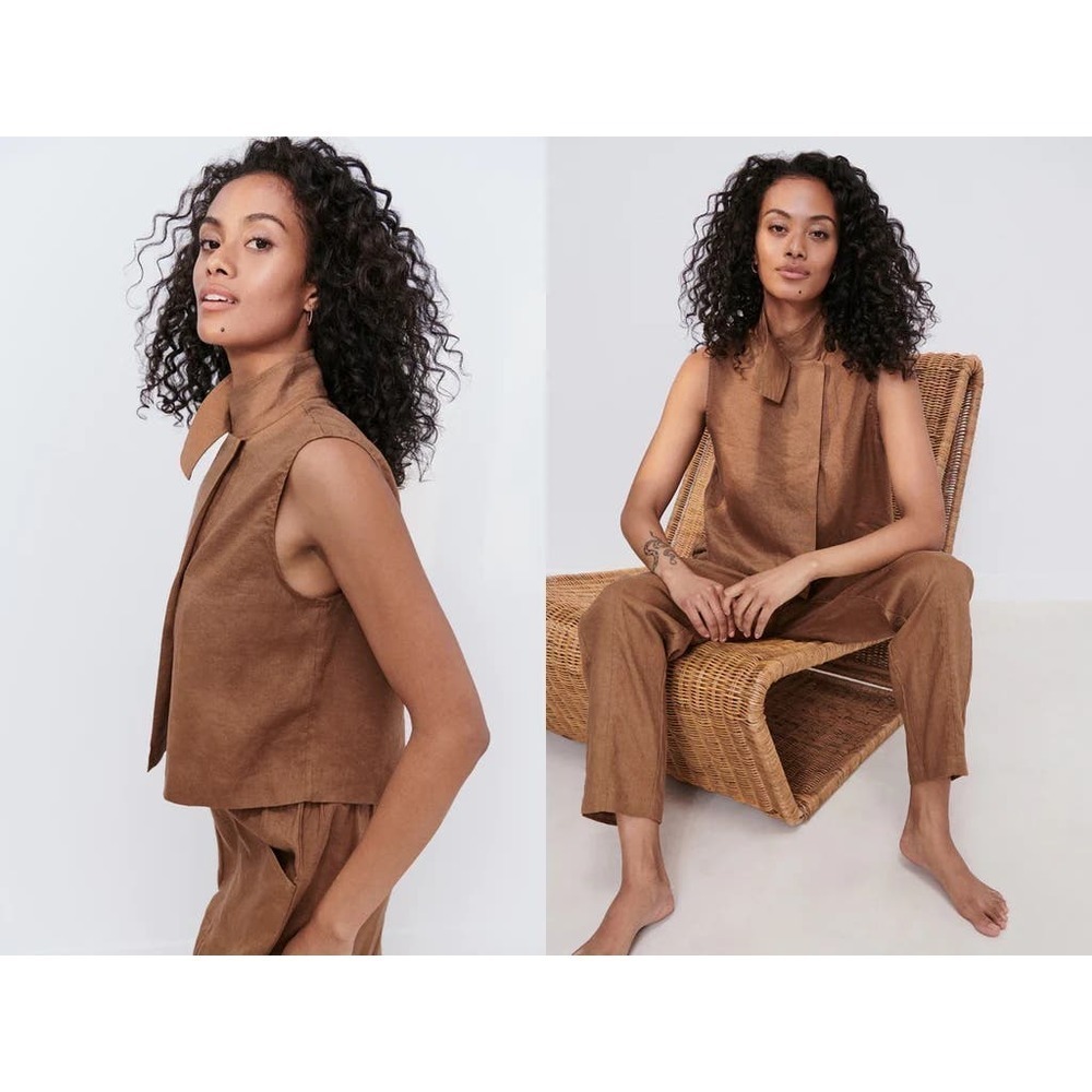 Lunya Brown Good In Bed Woven Linen Sleeveless Top Shirt Women’s Size S NWT